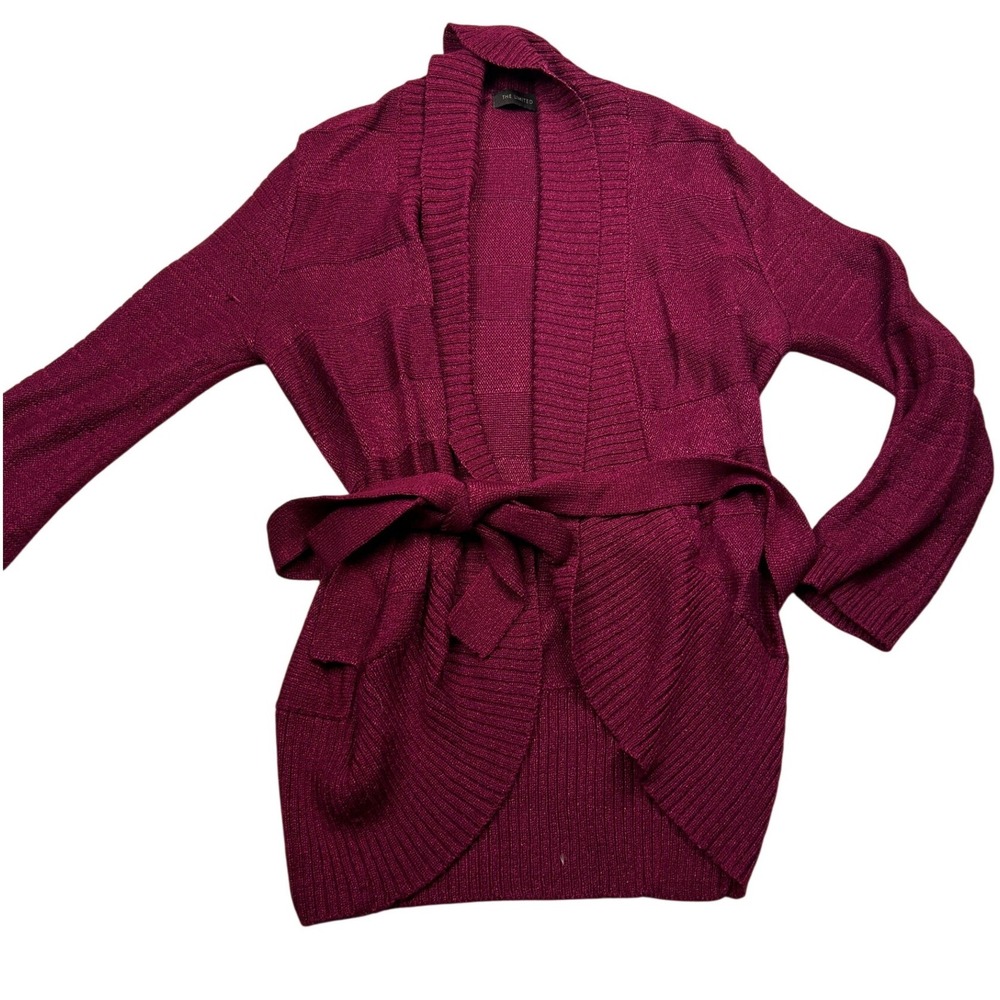 The Limited Women's Cardigan M Burgundy Shimmer Ribbed Belted Wrap Sweater